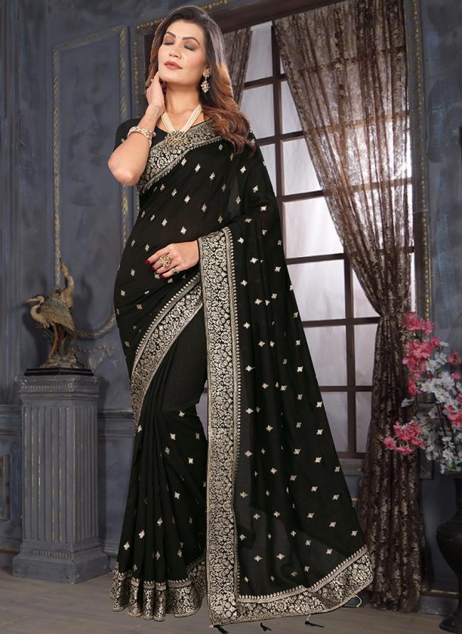 Vichitra Black Wedding Wear Embroidery Work Saree